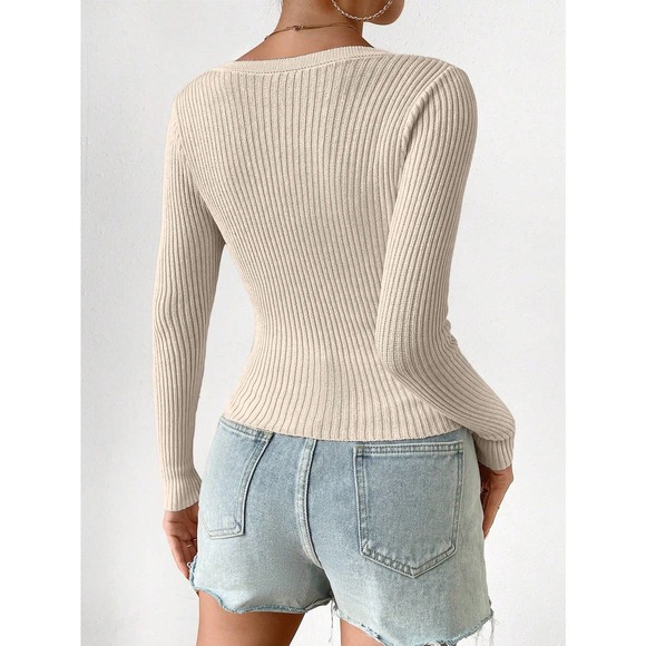 minimalist Ribbed Knit Button down Cropped Cardigan sweater black - Picture 9 of 11